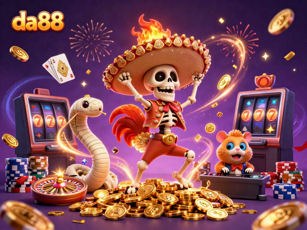 Celebrate with da88's vibrant gaming scene featuring a mariachi rooster, mummy snake, and hamster DJ surrounded by dazzling casino elements.