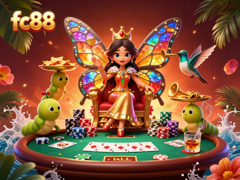 Experience the vibrant world of fc88 with a colorful butterfly queen, poker elements, and captivating casino visuals.
