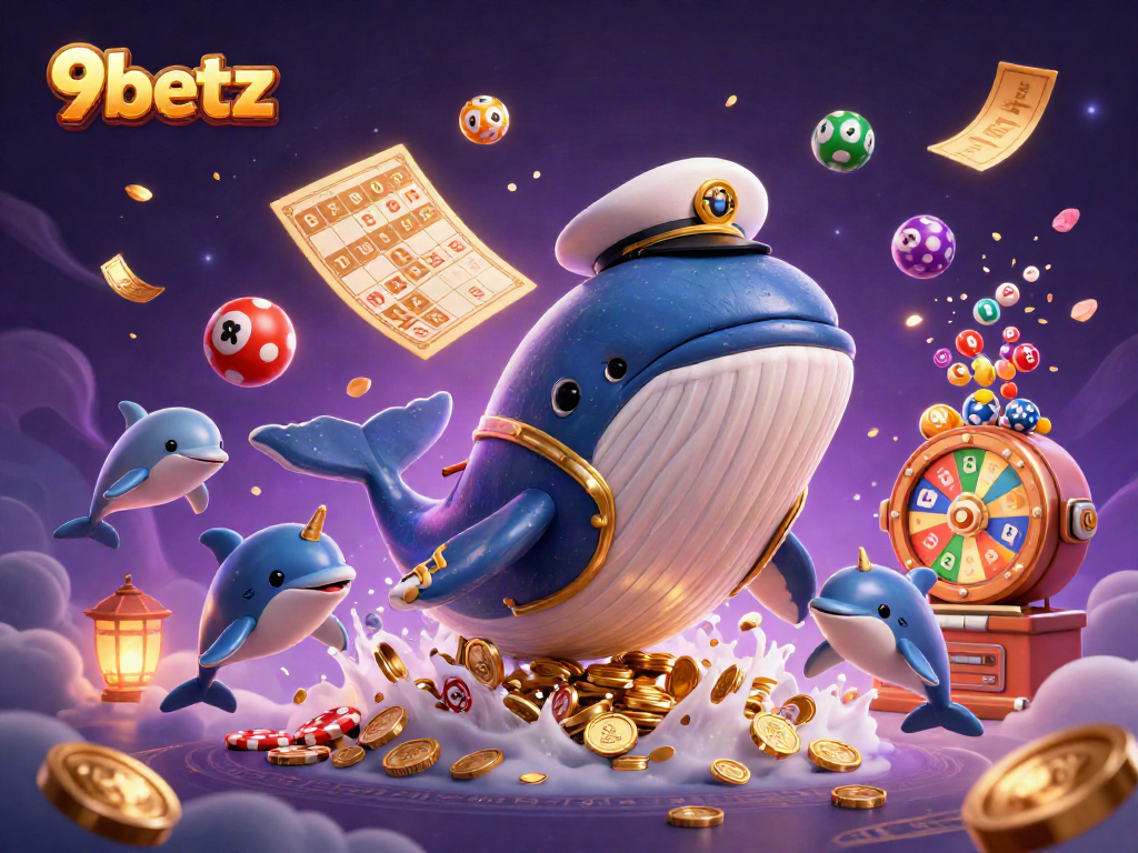 Join the 9betz adventure with a cartoon whale and dolphins in a vibrant gambling scene.