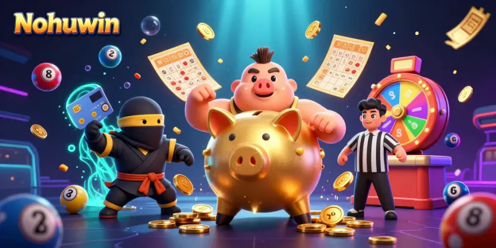 Engage in vibrant Nohuwin gaming with energetic characters and dynamic elements illustrating excitement.