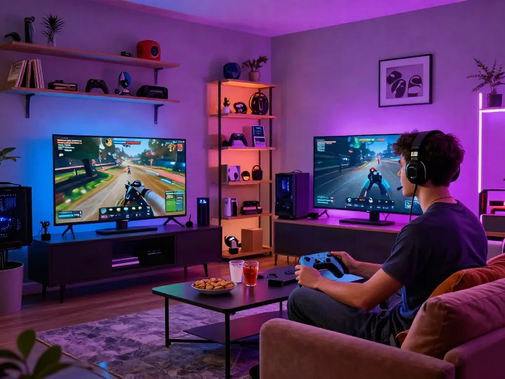 Engaging online gaming scene with a player focused on du88 gameplay in a vibrant living room.