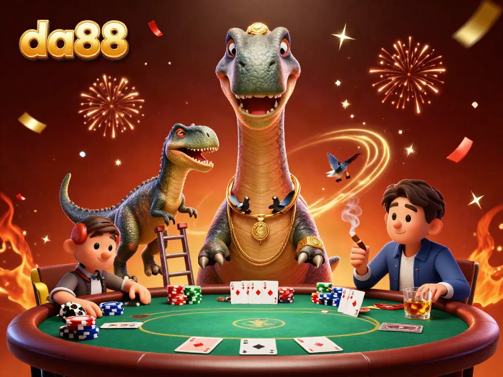 Engage with da88's vibrant casino scene featuring a playful brontosaurus and clever raptor dealing cards amidst festive elements.