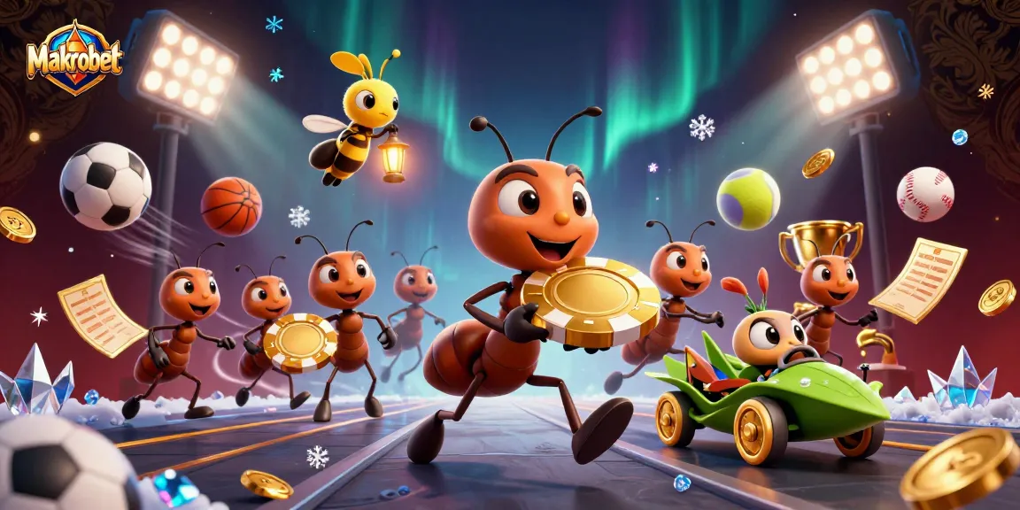 Makrobet showcases a vibrant 3D scene with ants heisting a giant poker chip amidst sports elements, capturing excitement.