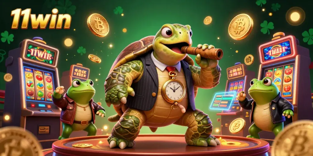 Experience the thrill of 11win with a vibrant scene showcasing a snapping turtle and bullfrog enforcers in a lively casino setting.