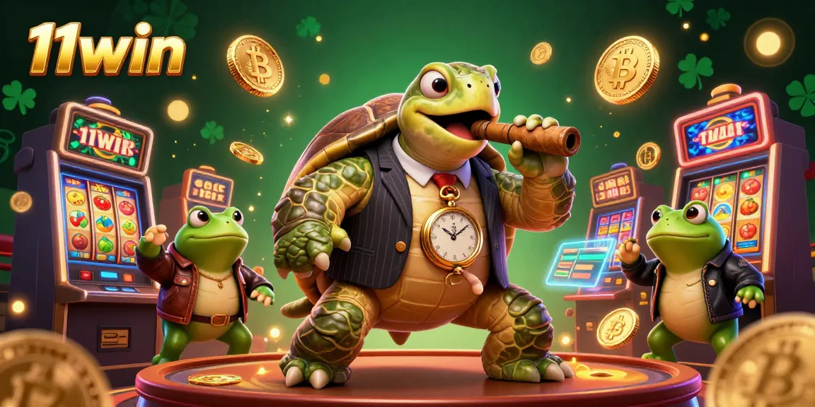 Experience the thrill of 11win with a vibrant scene showcasing a snapping turtle and bullfrog enforcers in a lively casino setting.