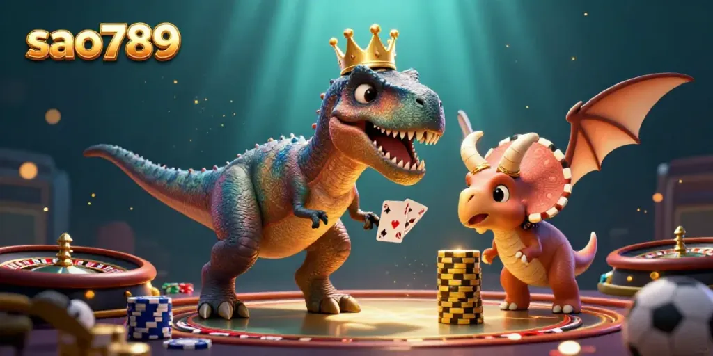 Engage in the thrilling gaming world with sao789, featuring playful dinosaurs amidst vibrant casino elements and chips.