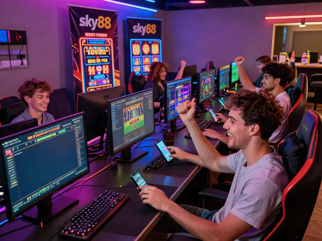 Exciting online gaming atmosphere with sky88 branding, players enjoying various gaming activities in a vibrant lounge.