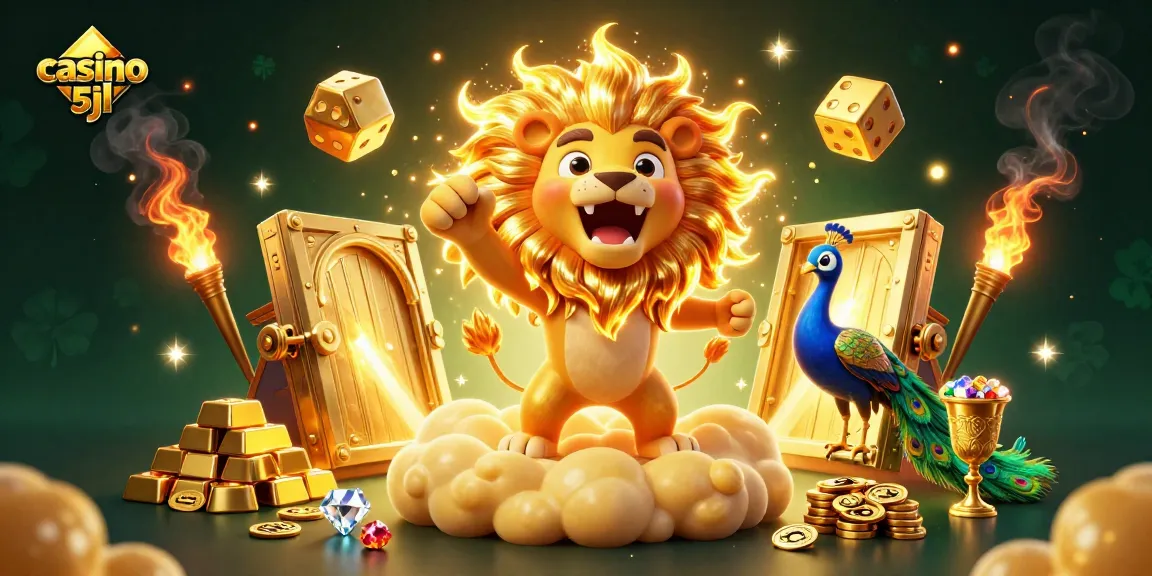 Embark on thrilling gaming with casino 5jl featuring a roaring lion and golden treasures.