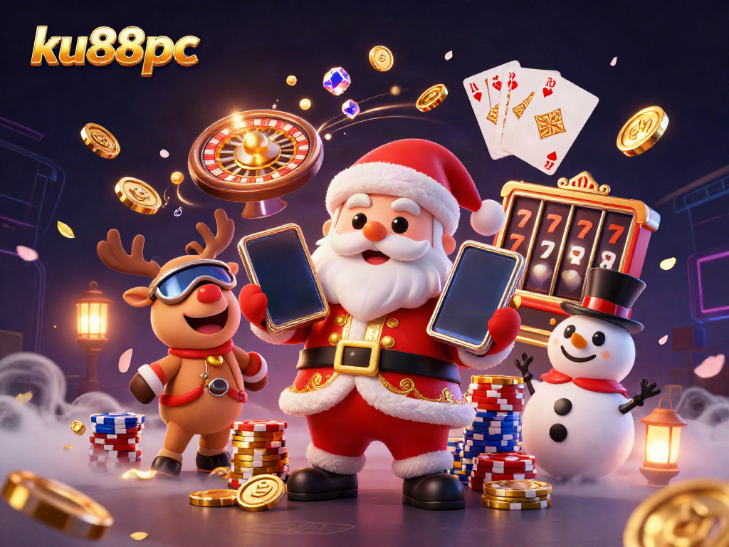 Engage with ku88pc's festive casino experience featuring a vibrant, cartoonish Santa and friends.