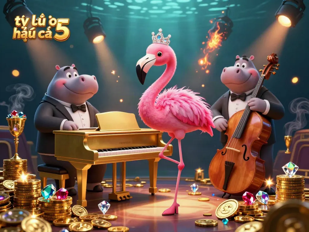Experience the vibrant energy of tỷ lệ kèo nhà cái 5 in this lively casino scene with animated characters and sparkling gems.