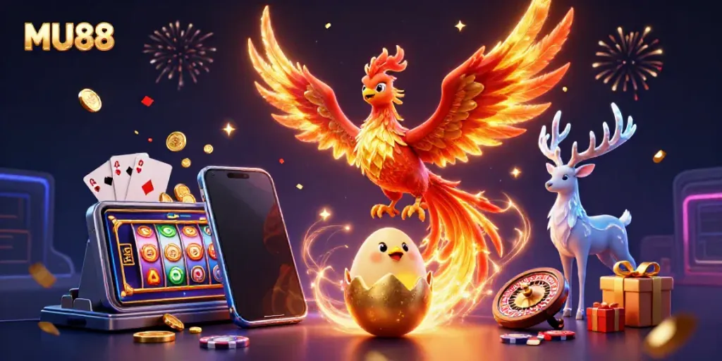 Experience the thrilling MU88 casino adventure with a phoenix, gaming elements, and vibrant celebration.