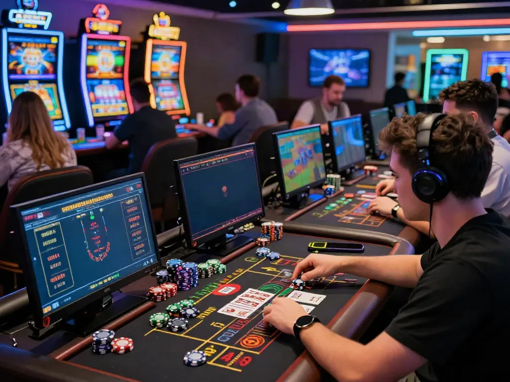 Engaged players at uk88 placing bets in a vibrant online gaming lounge.