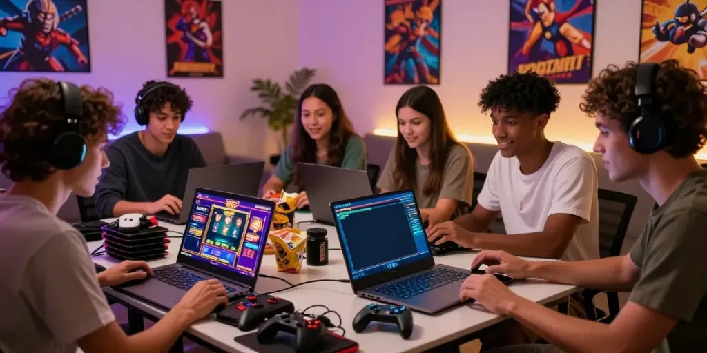 Nohuwin online gaming scene with friends enjoying a slot game
