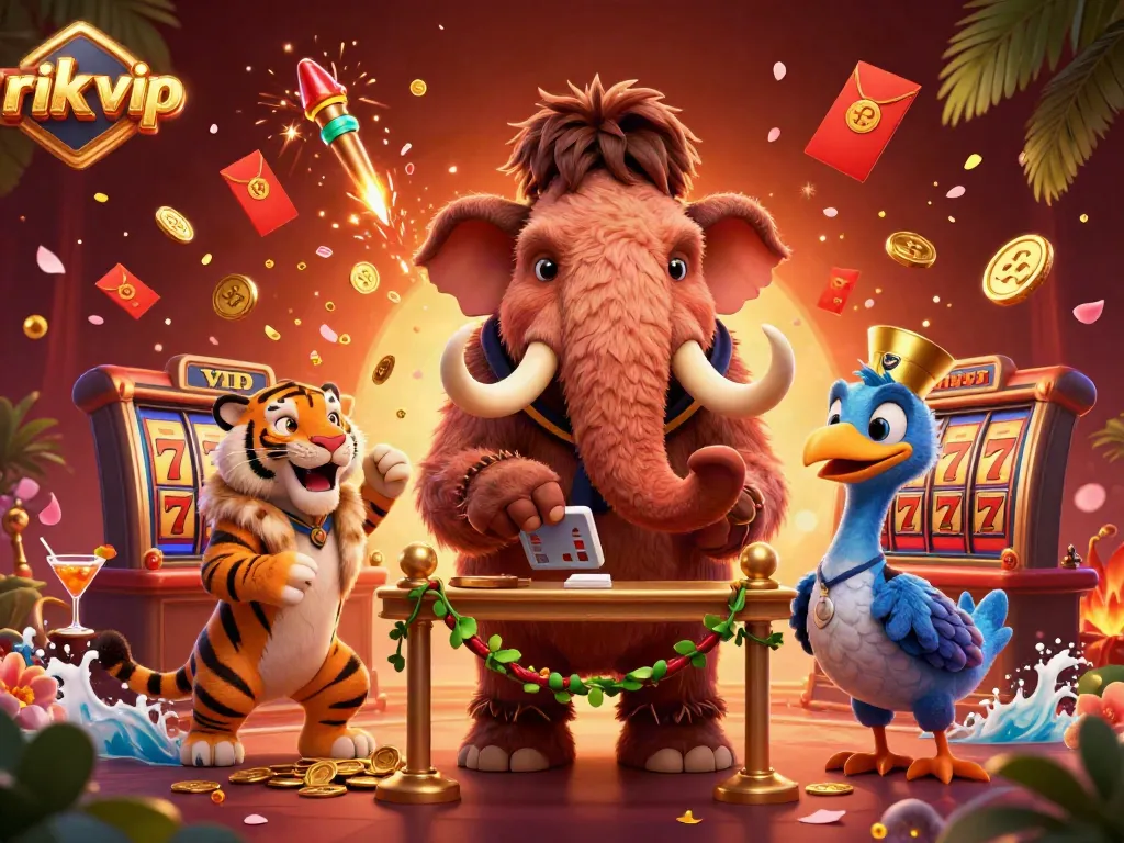 Celebrate wins at rik vip casino, featuring vibrant characters and dynamic game elements.